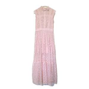 AQUA Tiered Lace Layered Sheer Blush Pink Maxi Dress